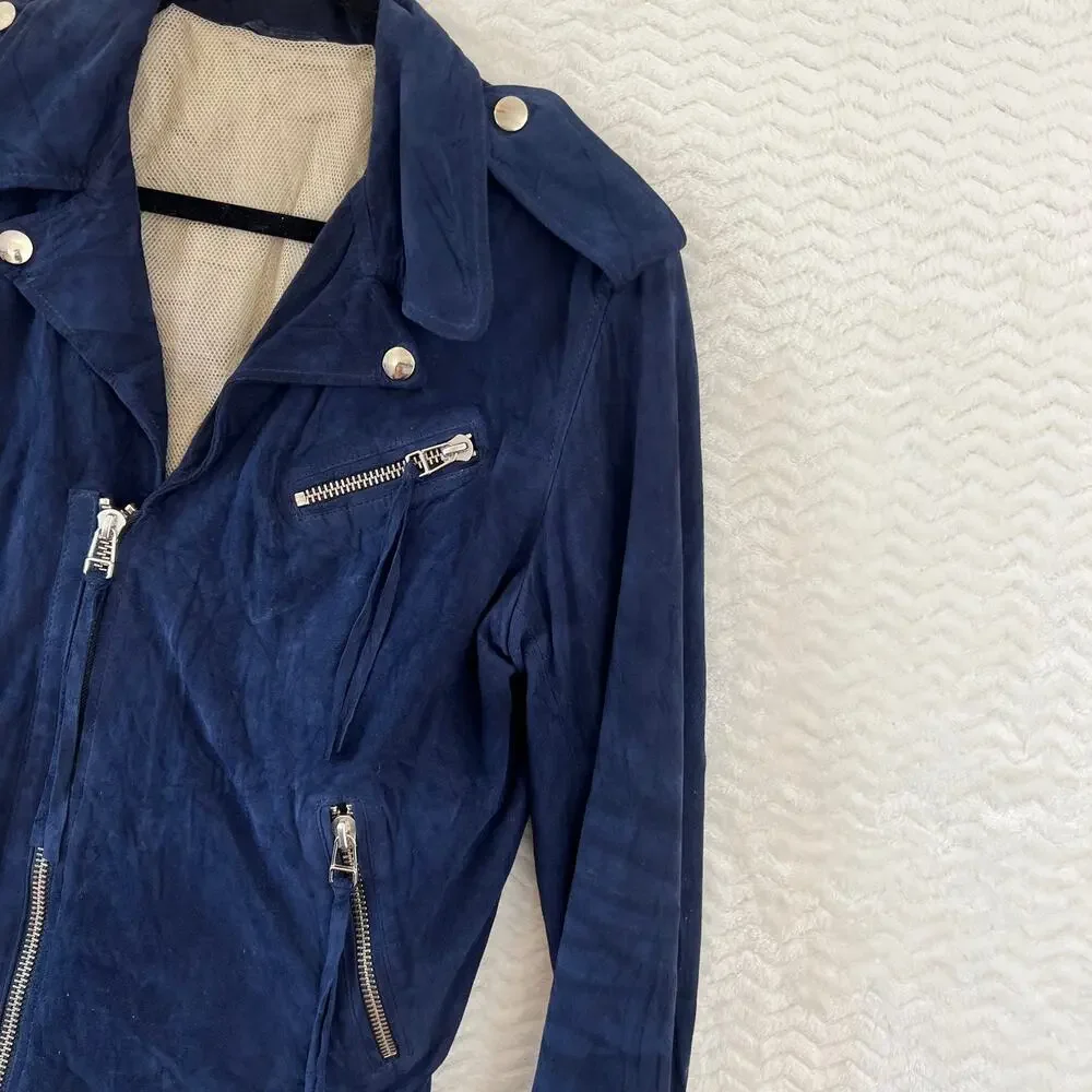 Martin Asbjorn Suede Leather Fringe Moto Biker Jacket Navy Blue Silver Sz Large - Picture 10 of 16